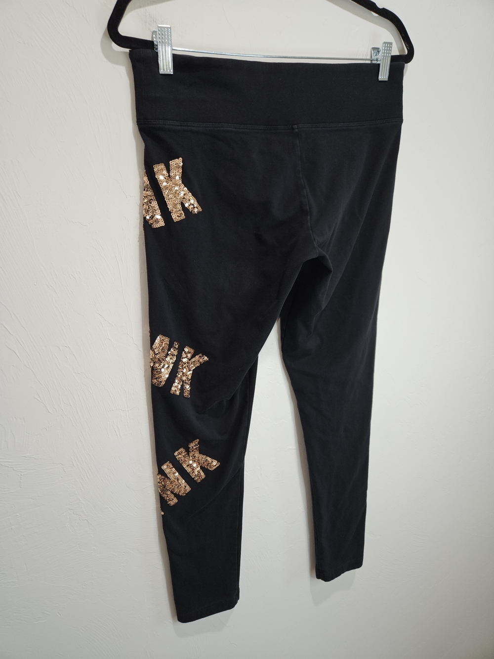 Victoria's Secret PINK Black Sequin Logo Rose Gold Leggings Women's Large - Picture 10 of 13